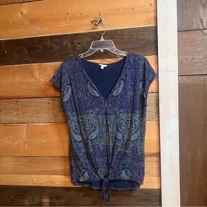 Lucky Brand V-Neck Paisley Blouse - Navy and Teal